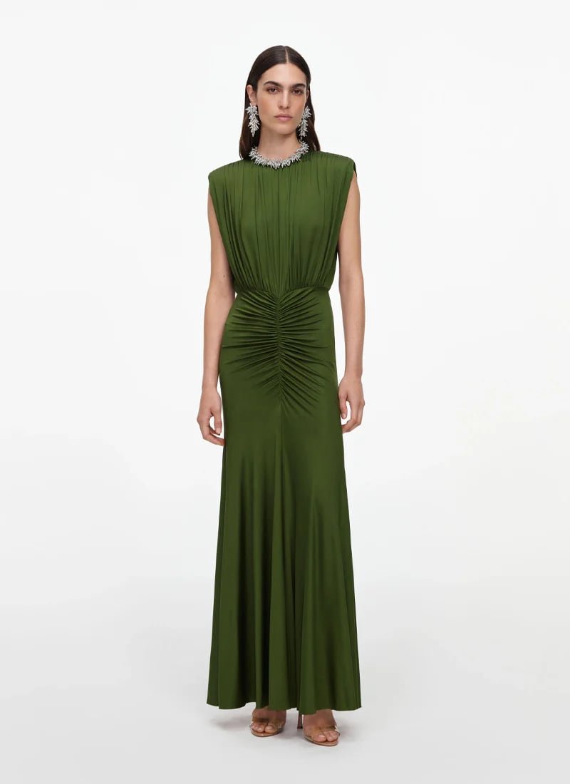 Olive Jersey Gathered Maxi Dress