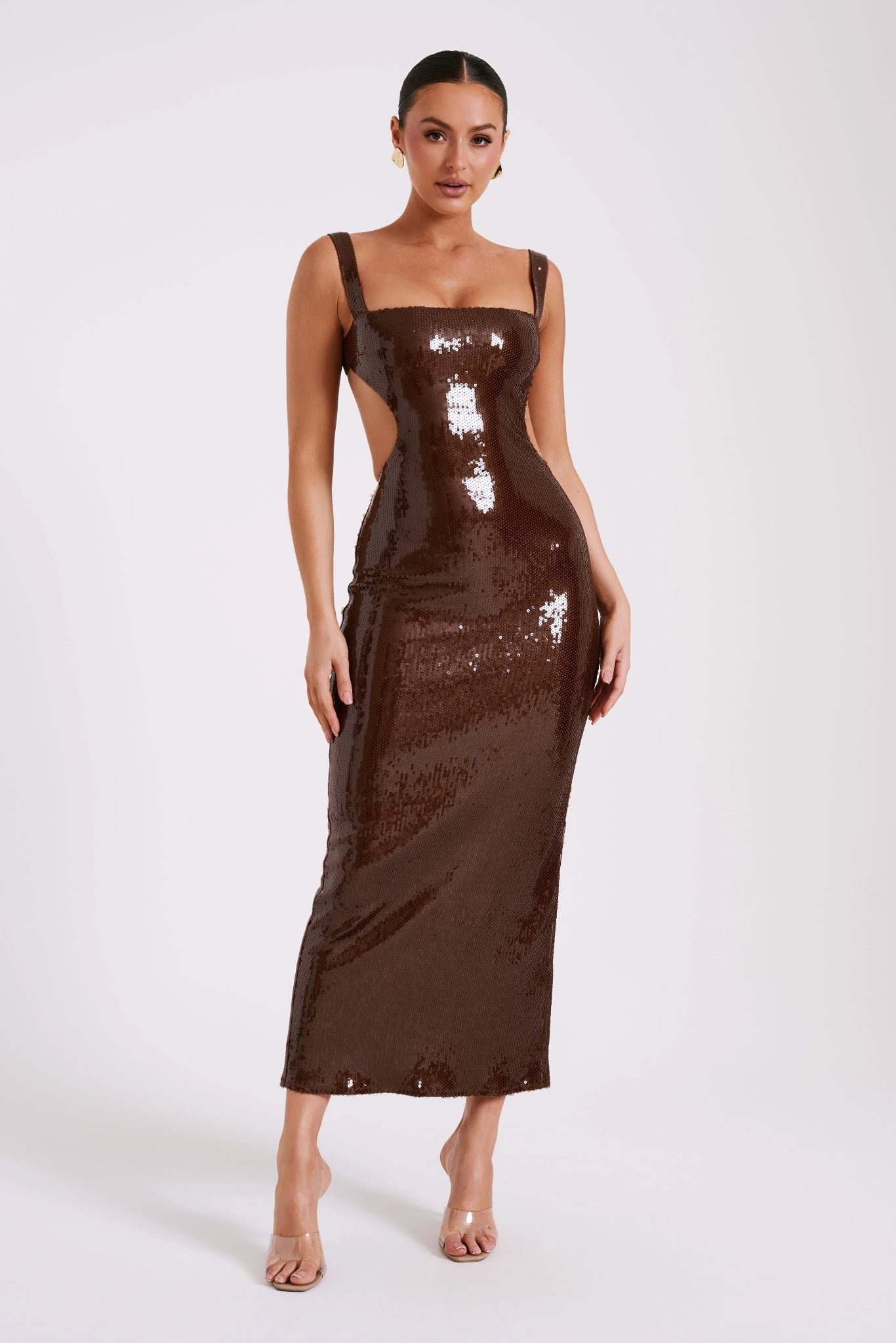 Adoria Sequin Cut Out Maxi Dress (Chocolate)