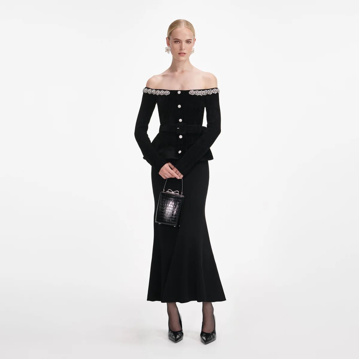 Black Chenille Knit Crystal Trim Midi Dress