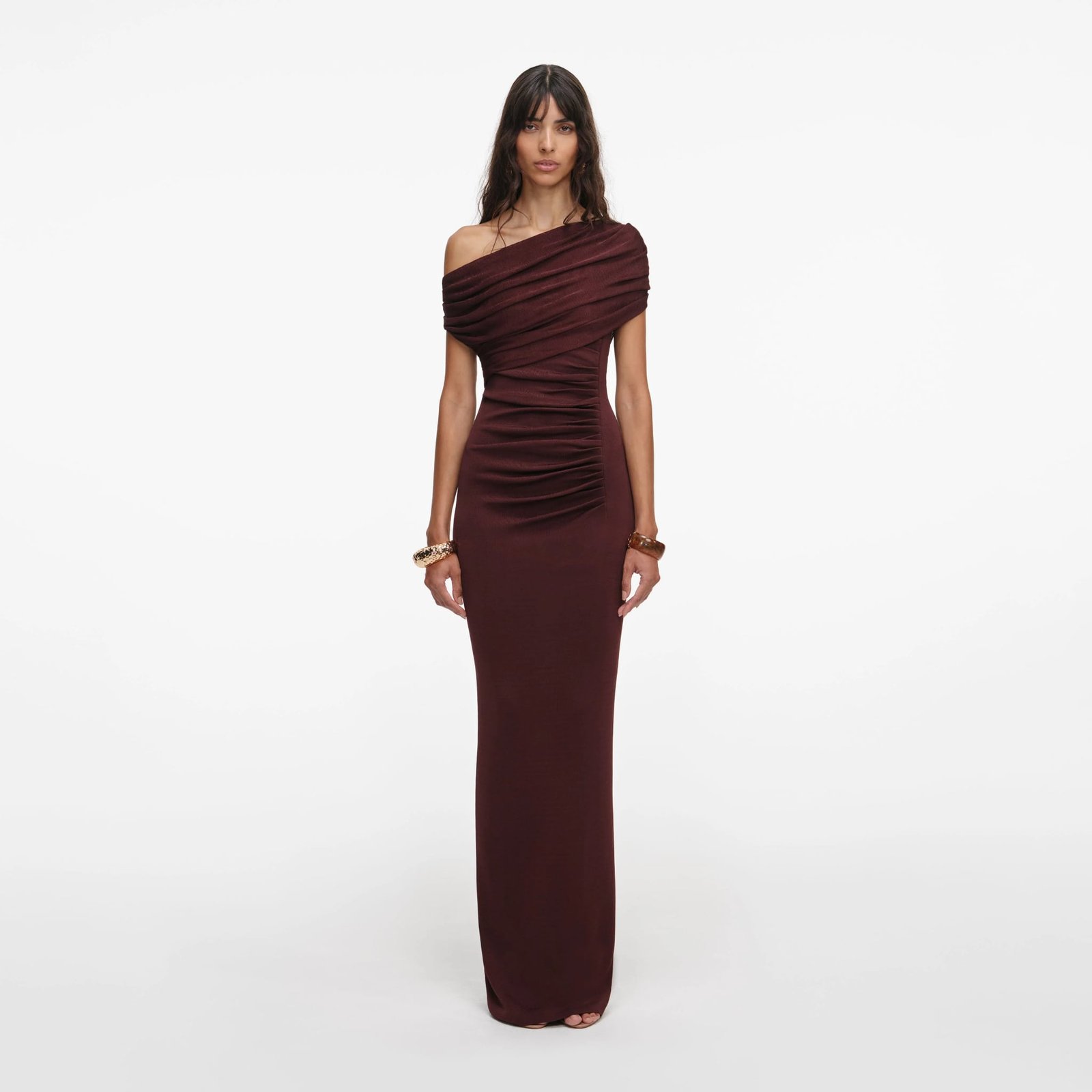 Brown Draped Knit Midi Dress