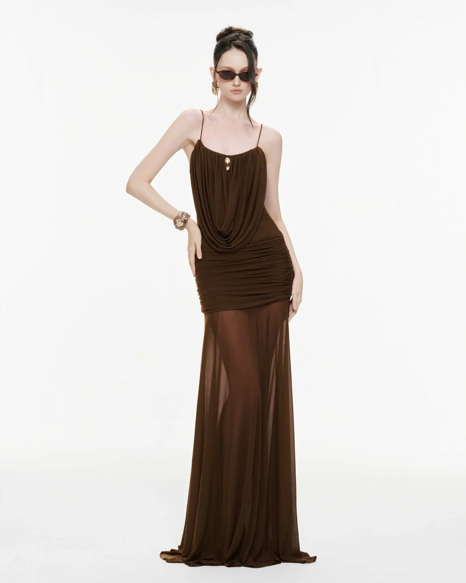Cowl-Neck Ruched Stretch Mesh Gown (Brown)