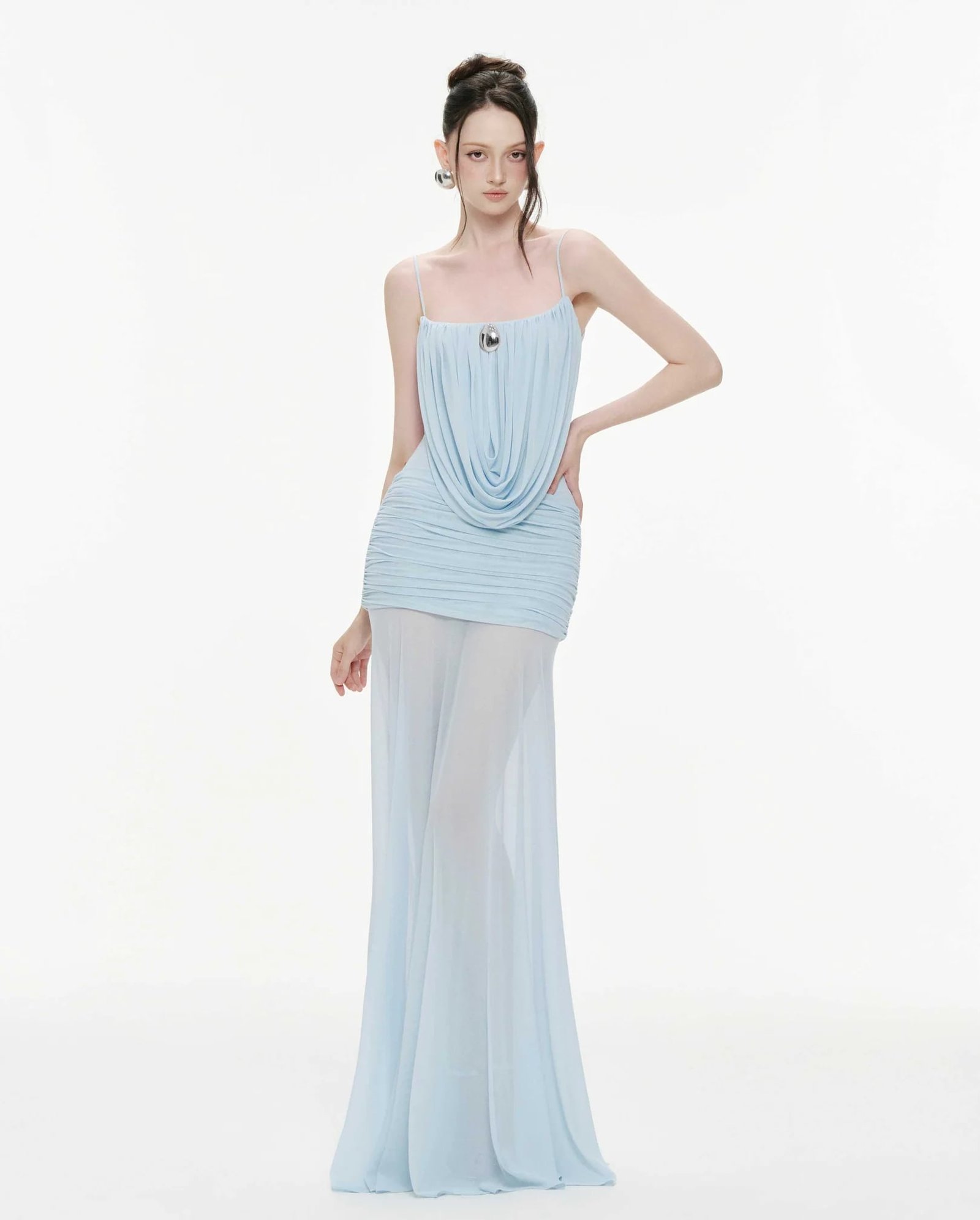 Cowl-Neck Ruched Stretch Mesh Gown (Icy Blue)
