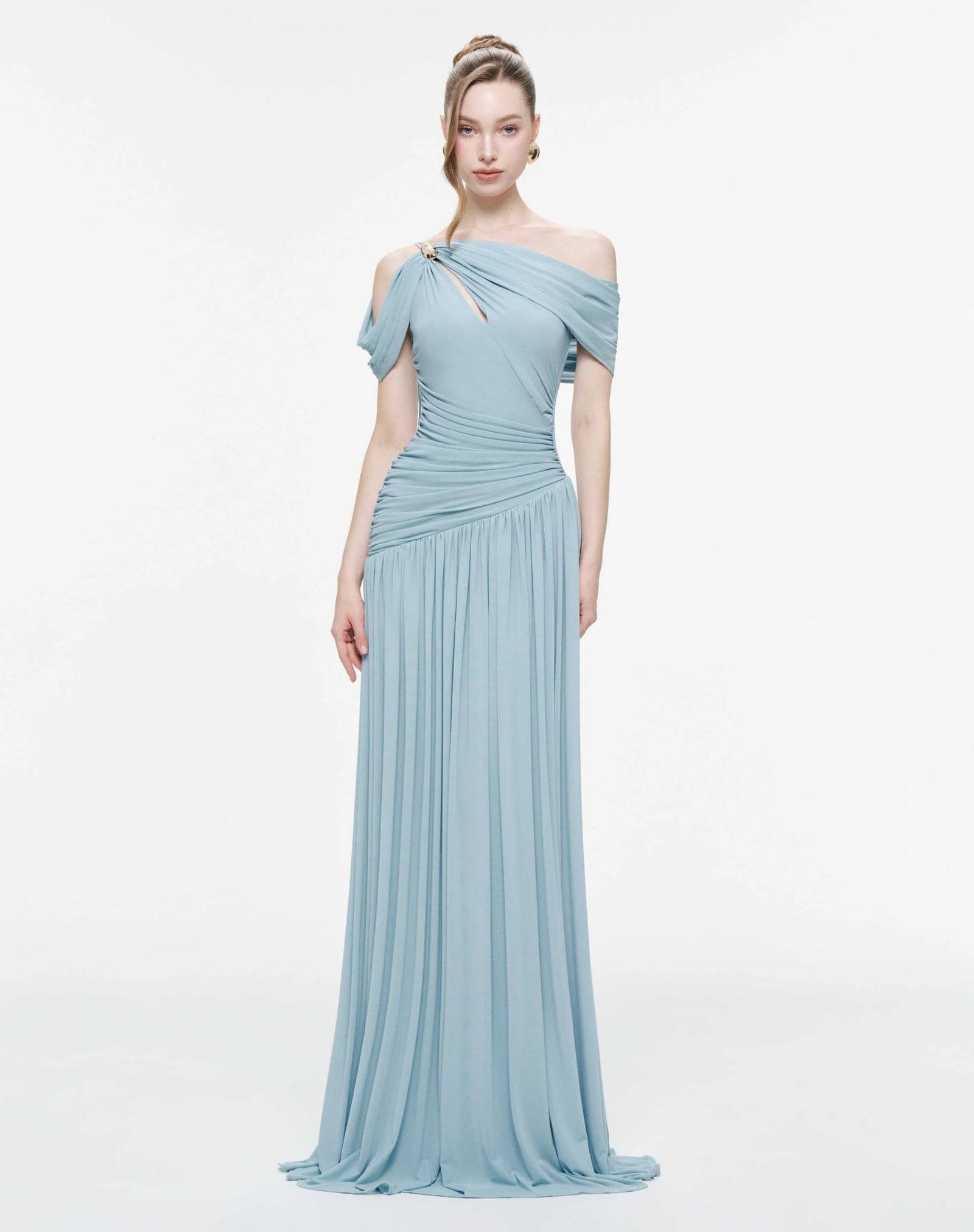 Draped Off-Shoulder Stretch Mesh Dress