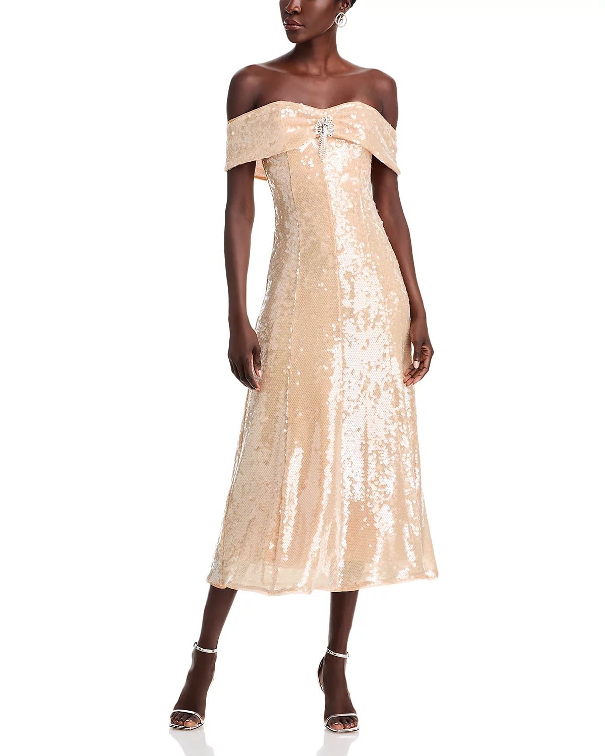 Gold Sequin Off Shoulder Midi Dress