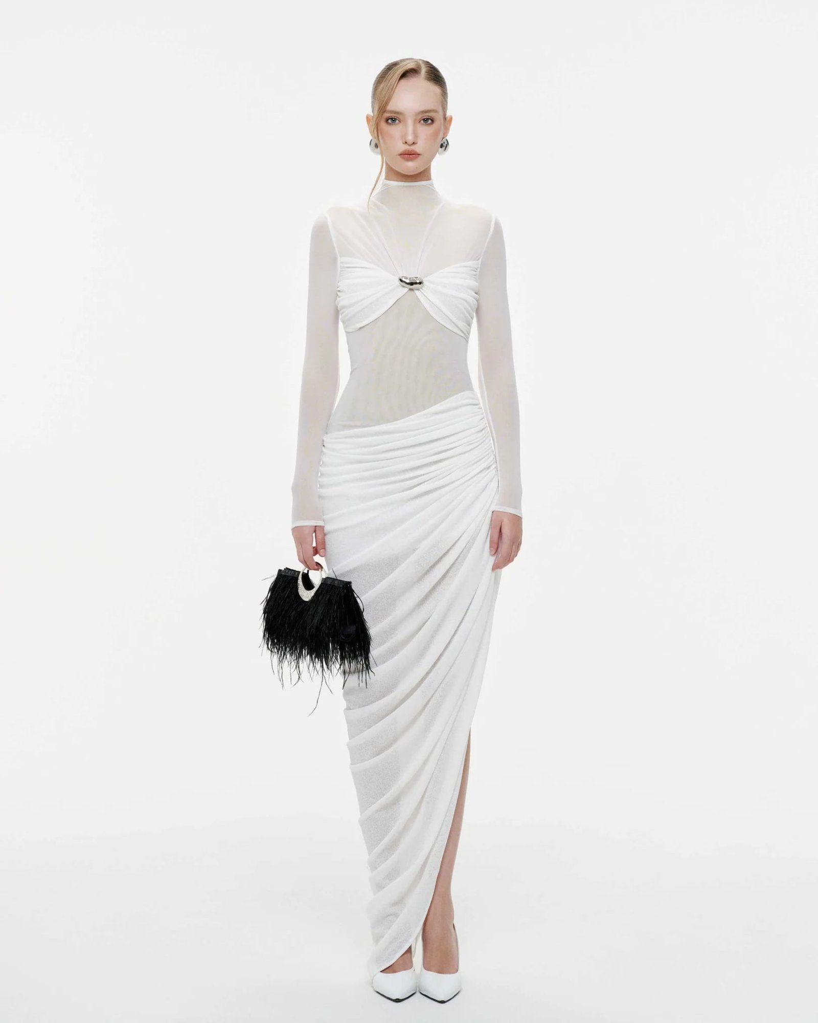 Long-Sleeve Ruched Bust Asymmetric Dress (White)
