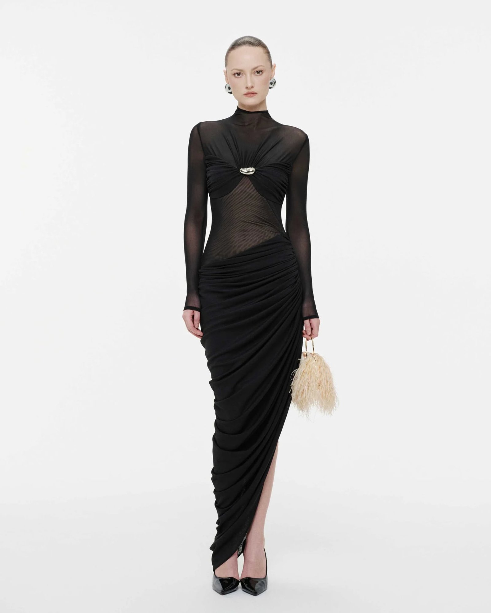 Long-Sleeve Ruched Bust Asymmetric Dress (Black)