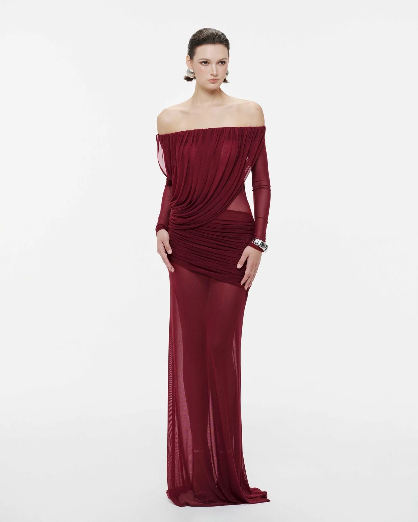 Off-Shoulder Draped Mesh Dress (Burgundy Red)