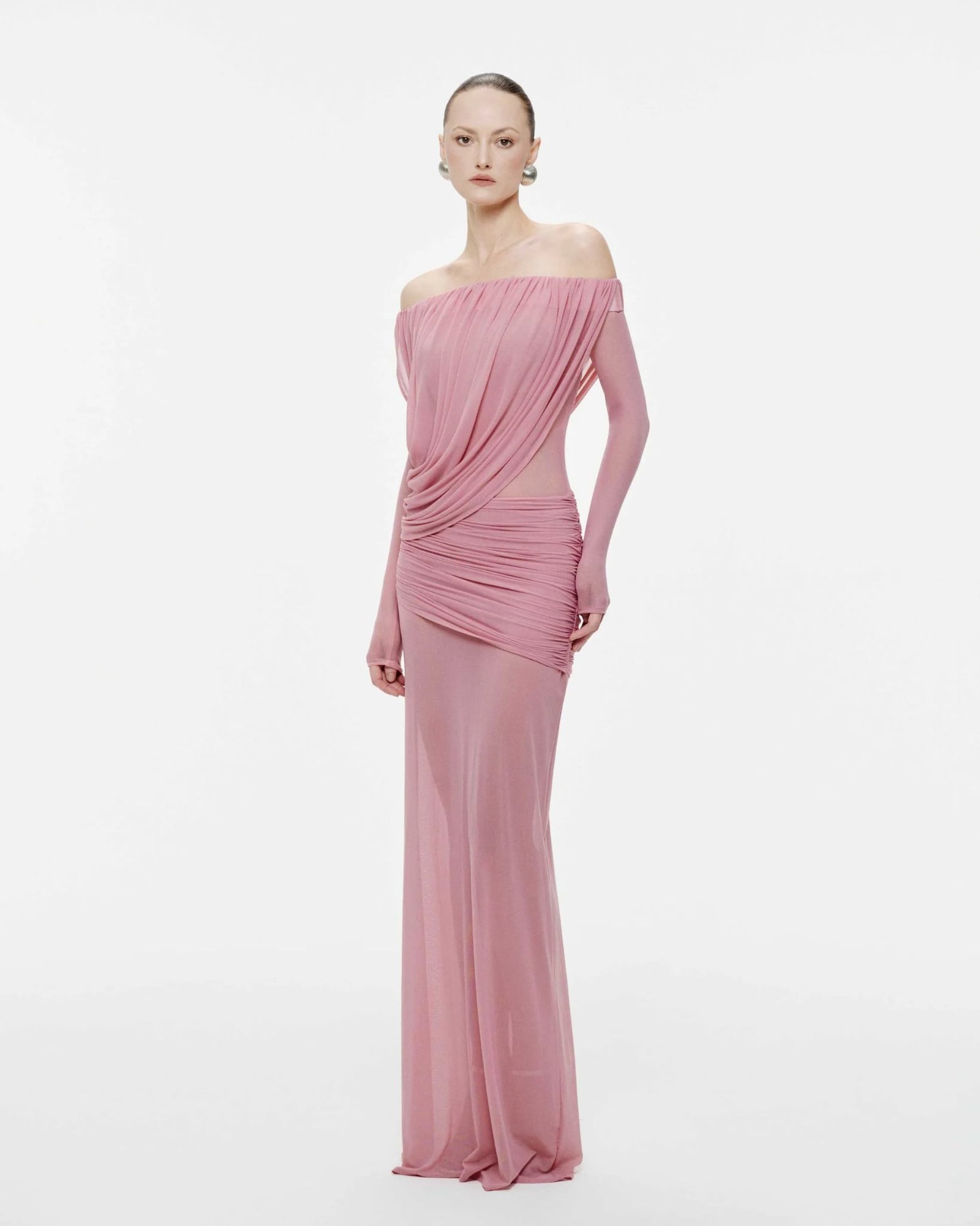 Off-Shoulder Draped Mesh Dress (Pink)