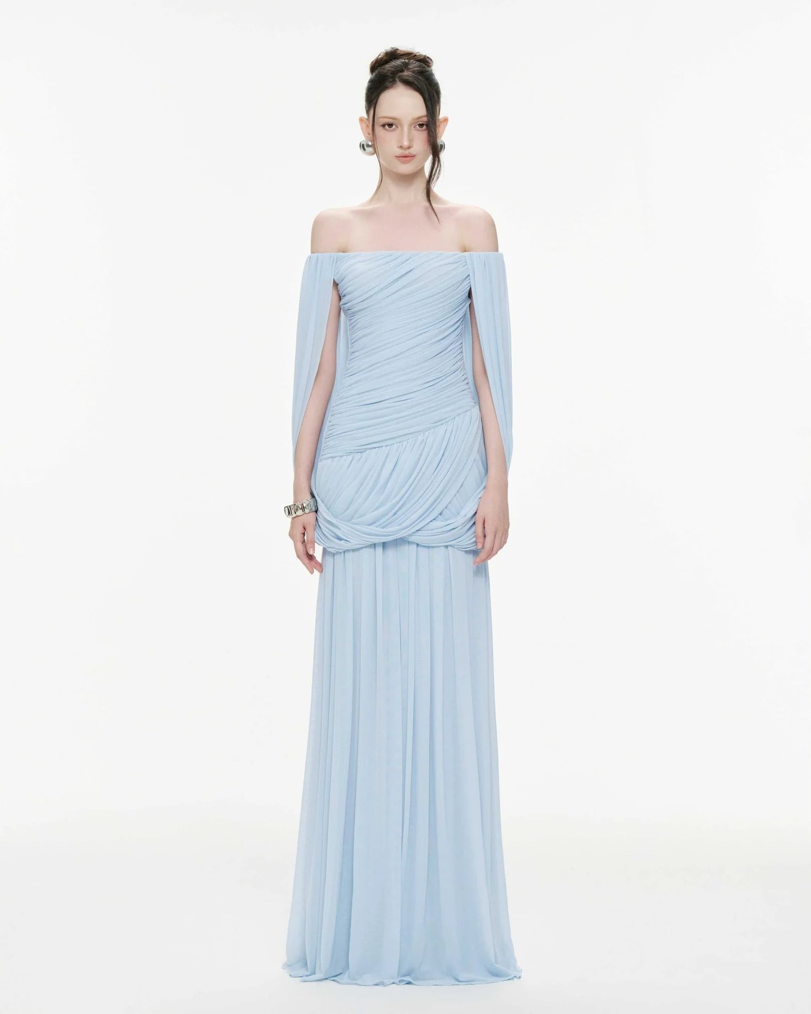 Off Shoulder Ruched Cape Dress (Icy Blue)