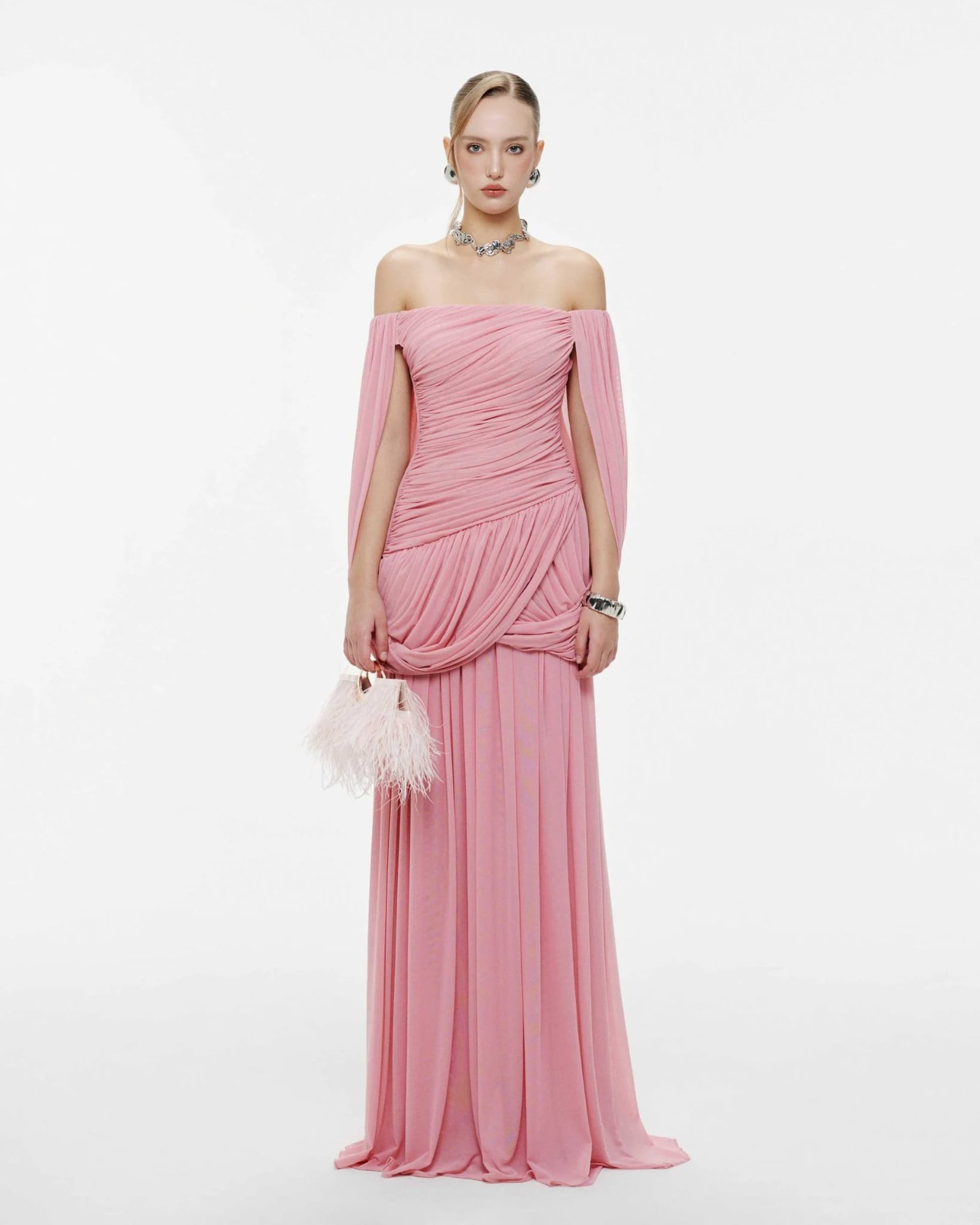 Off Shoulder Ruched Cape Dress (Pink)