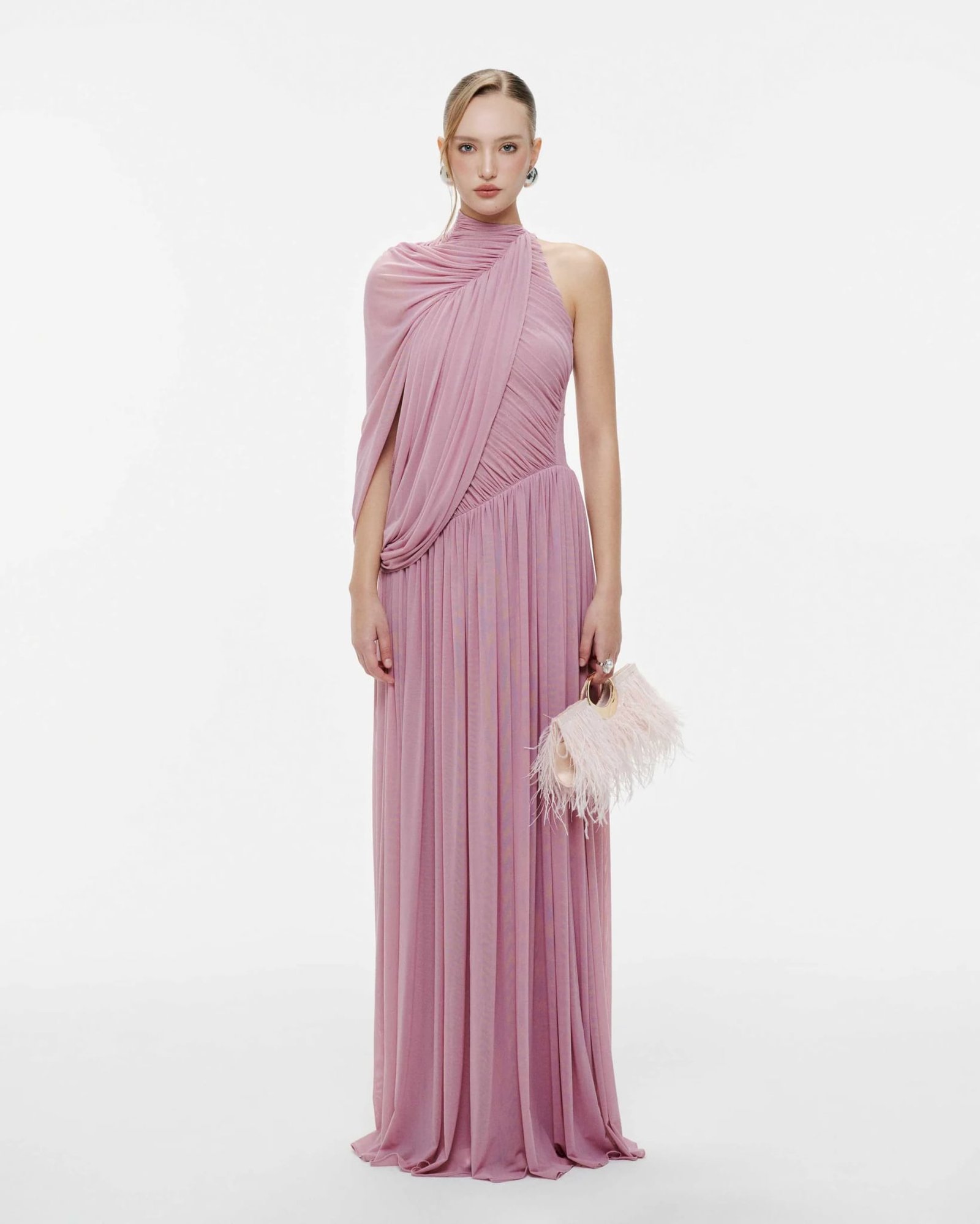 One-Shoulder Cape Ruched Flared Dress (Purple)