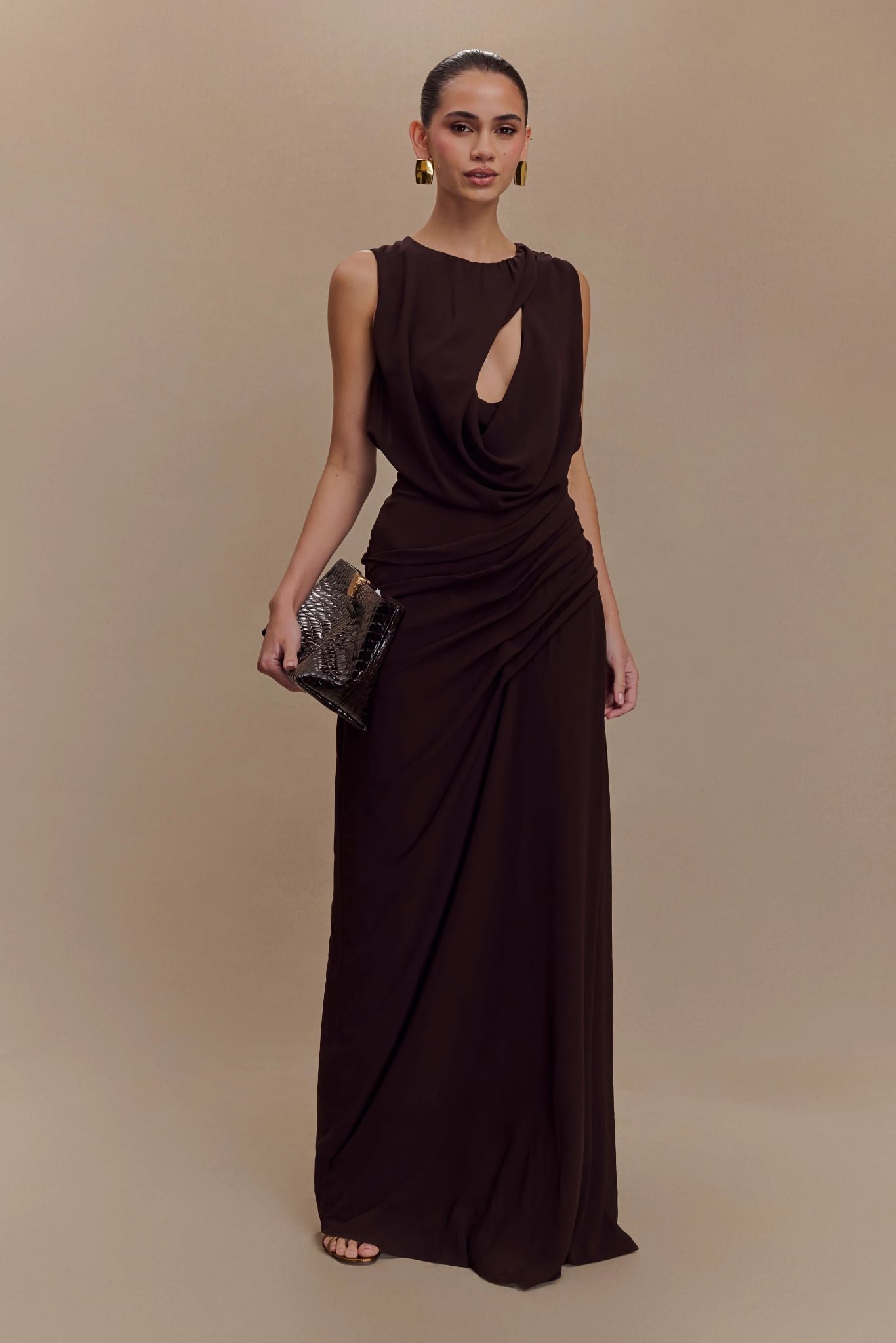 Oria Chiffon Maxi Dress (Cacao Brown)