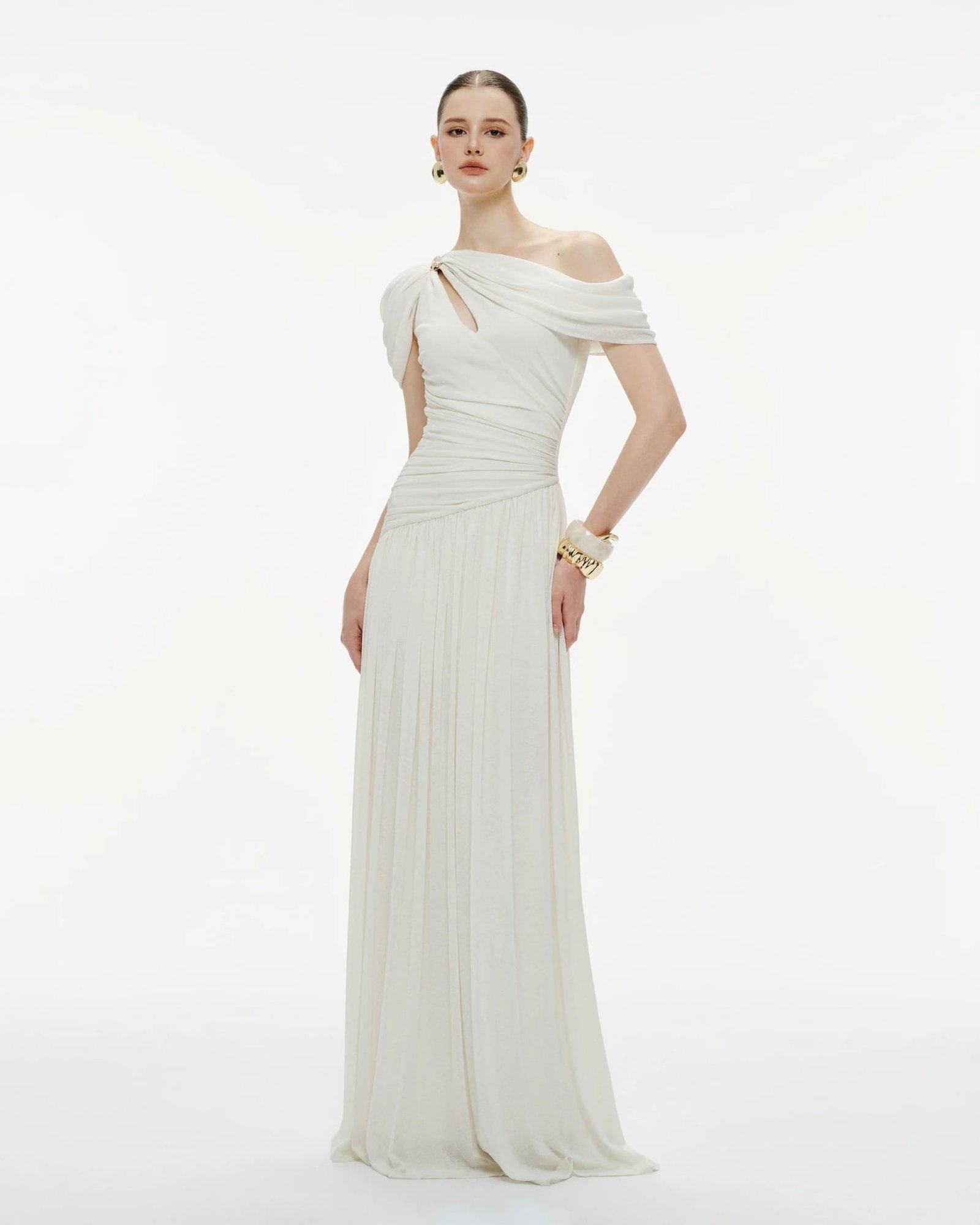 Pleated Draped Shoulder Dress
