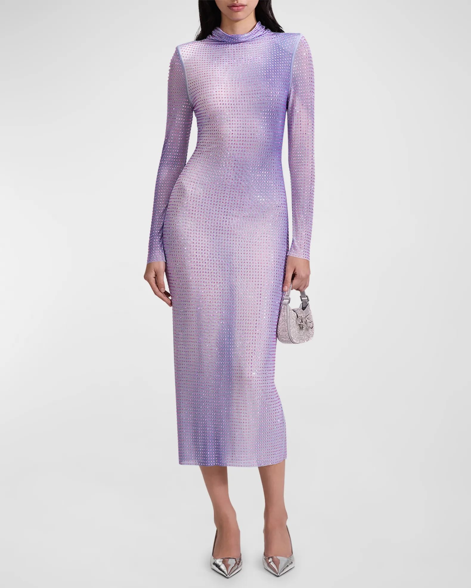 Rhinestone Contour-Print Mock-Neck Midi Dress