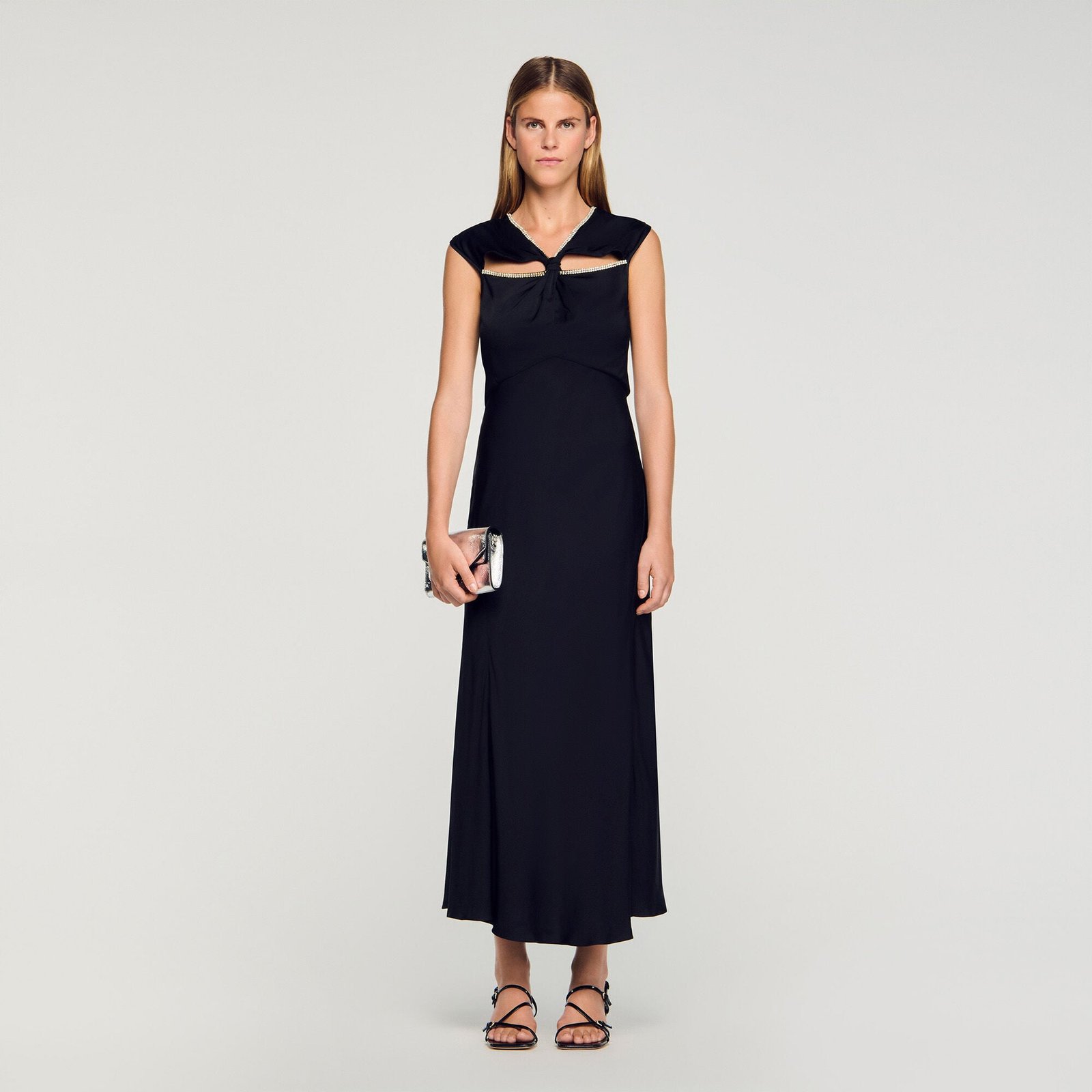 Satin maxi dress with rhinestones