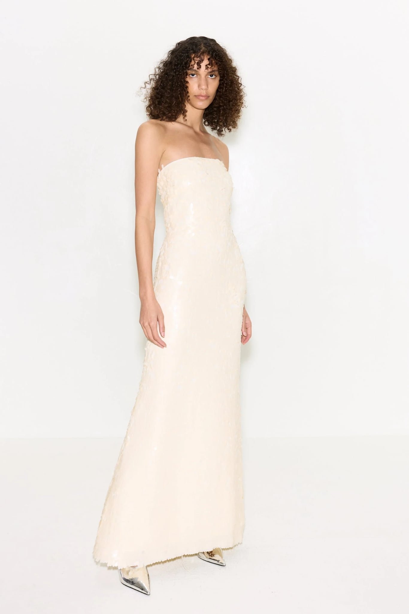 Sculpty Strapless Sequin Dress in Bone