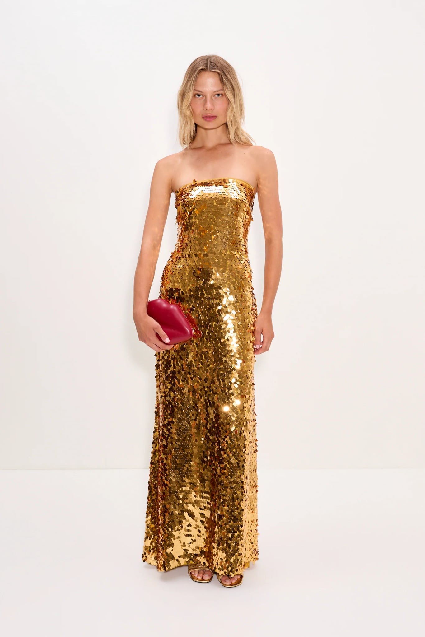 Sculpty Strapless Sequin Dress in Star Gold