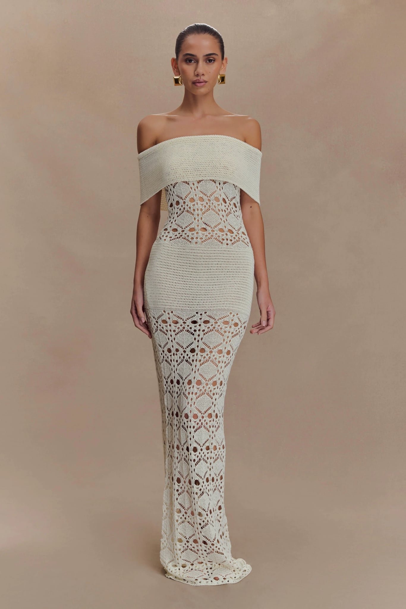 Solstice Off Shoulder Crochet Knit Maxi Dress