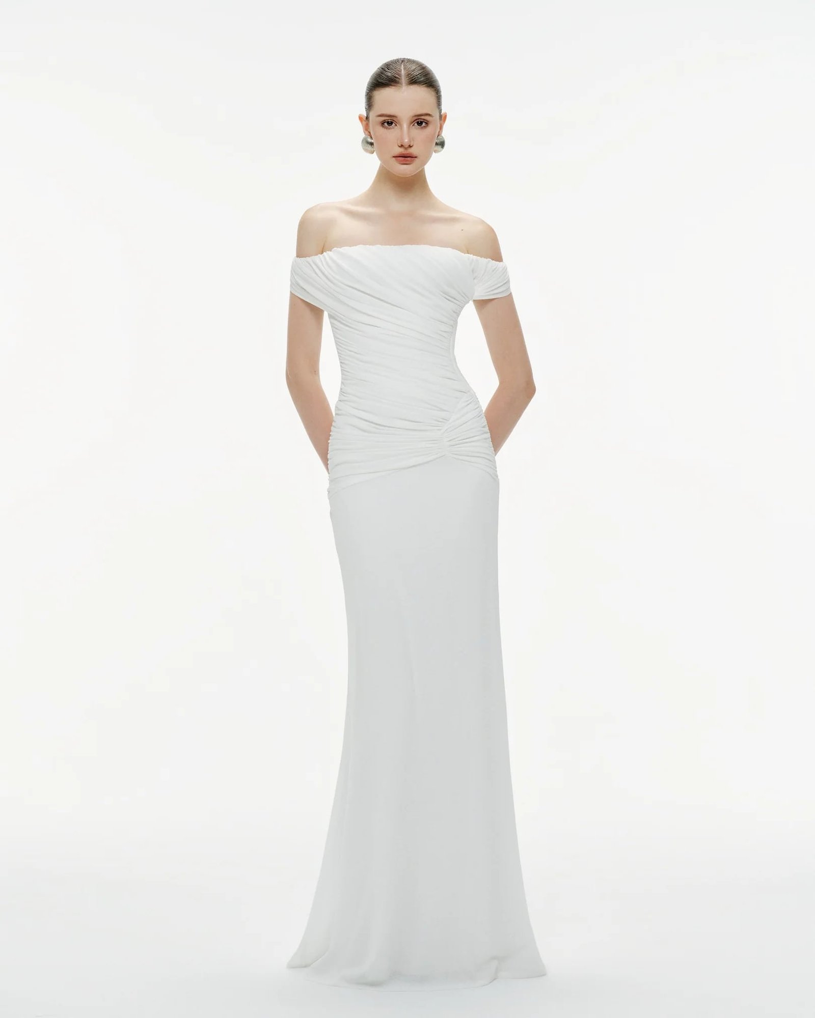 White Off-Shoulder Ruched Knit Dress
