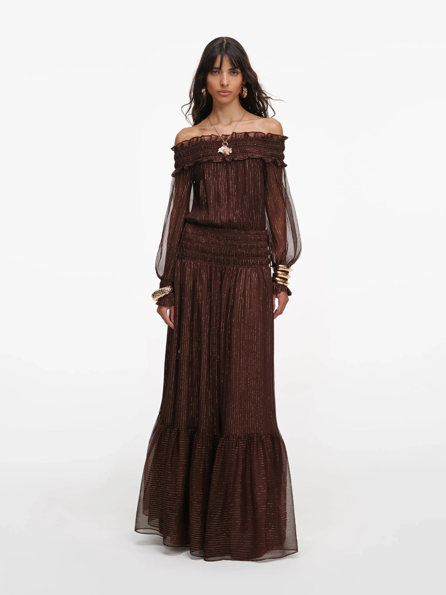 Brown Georgette Off Shoulder Maxi Dress