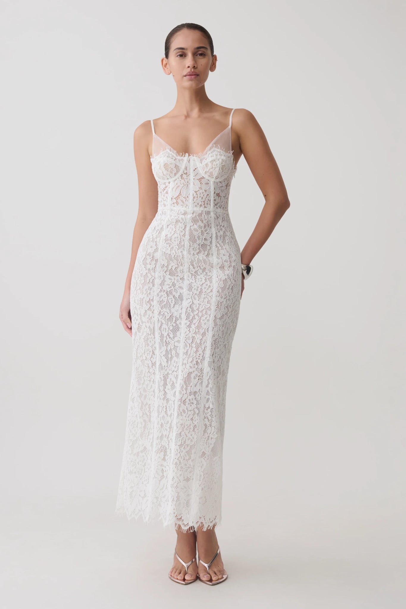 [MH-056] Ottilie Lace And Mesh Midi Dress (White)